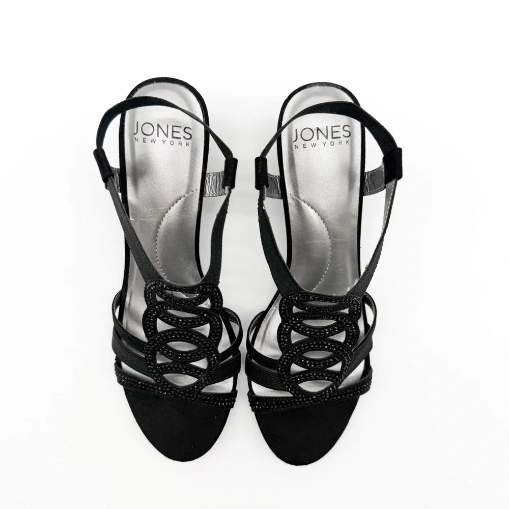 Jones New York Denice Embellished Strappy Wedge Sandal Elastic Ankle Black 8 NEW